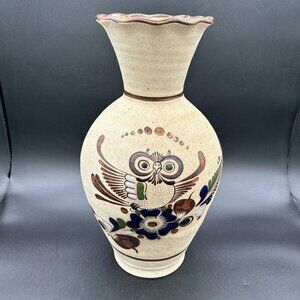 Vtg Tonala Mexican Pottery Vase Owl Floral Sandstone Folk Art Mexico Signed Lrg